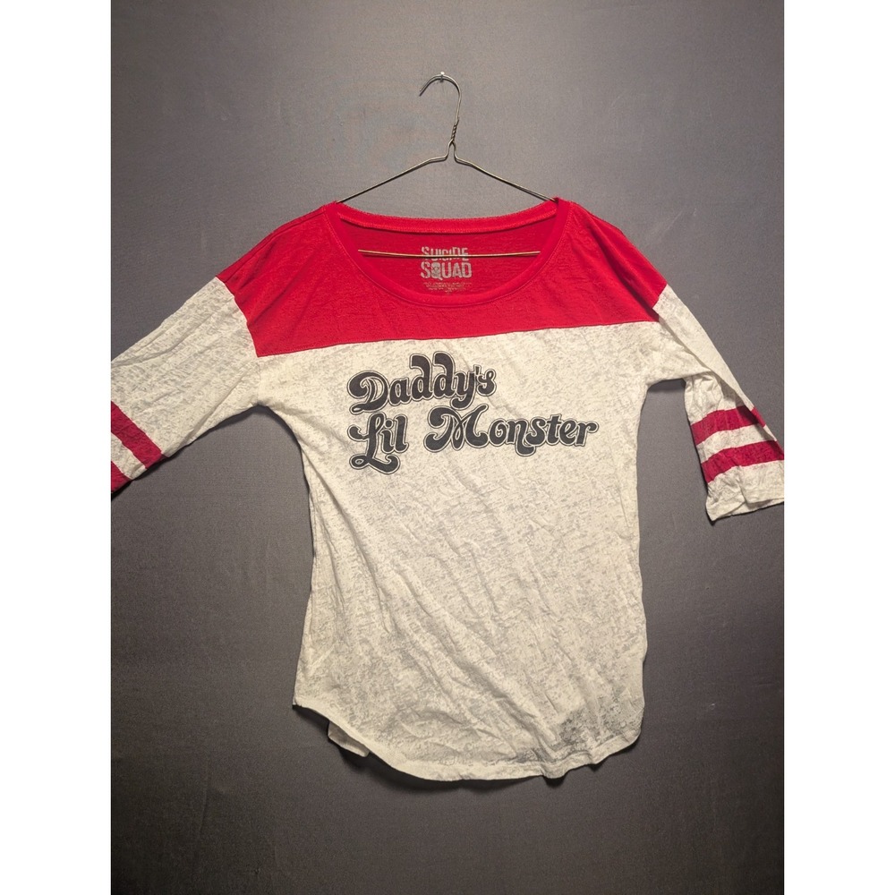 Bioworld Suicide Squad Daddy's Lil Monster Top Womens M Gray Red Raglan Sleeve